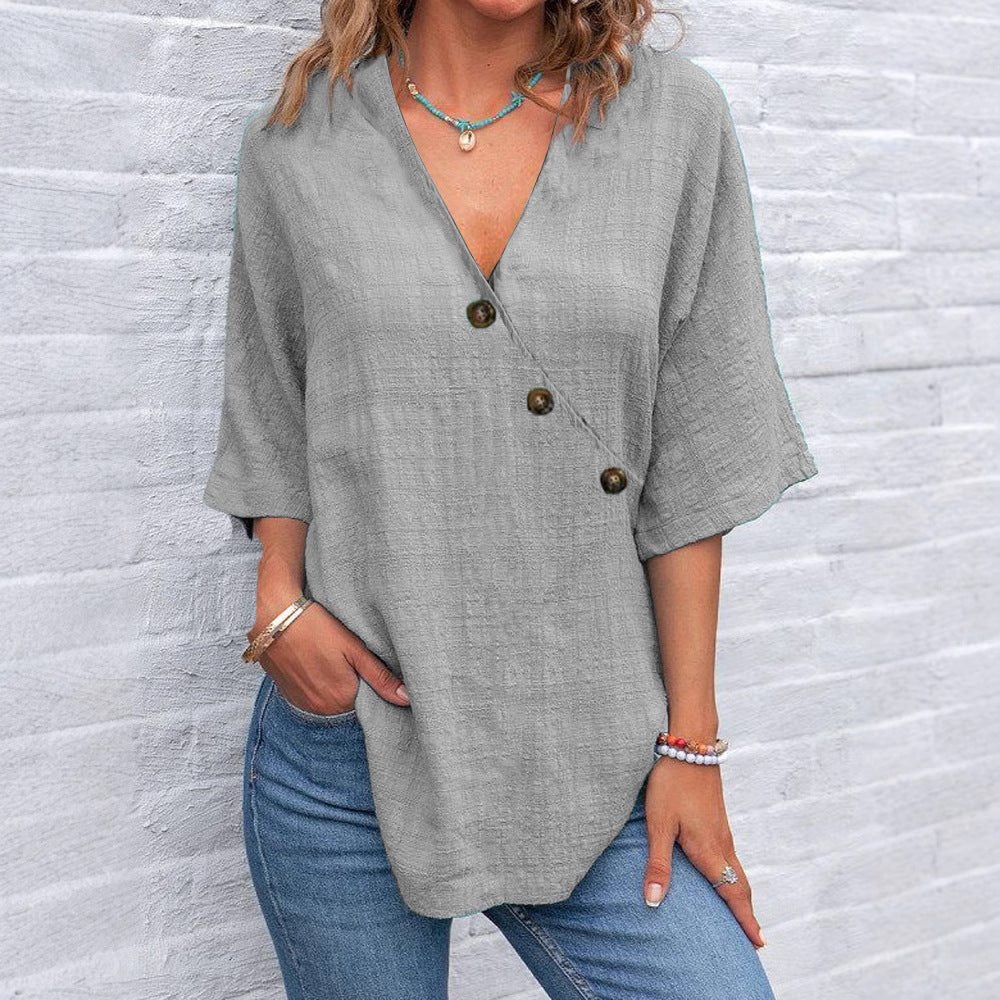 Kiray – V-Neck Blouse with Asymmetric Button Detail