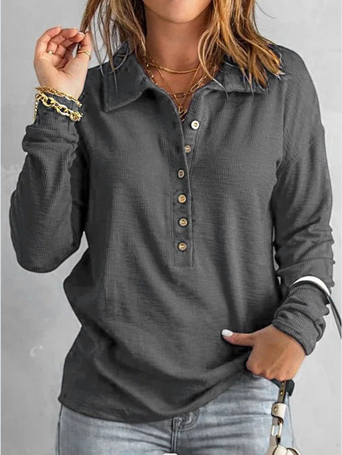 Tindra – Ribbed Button-Down Long-Sleeve Top