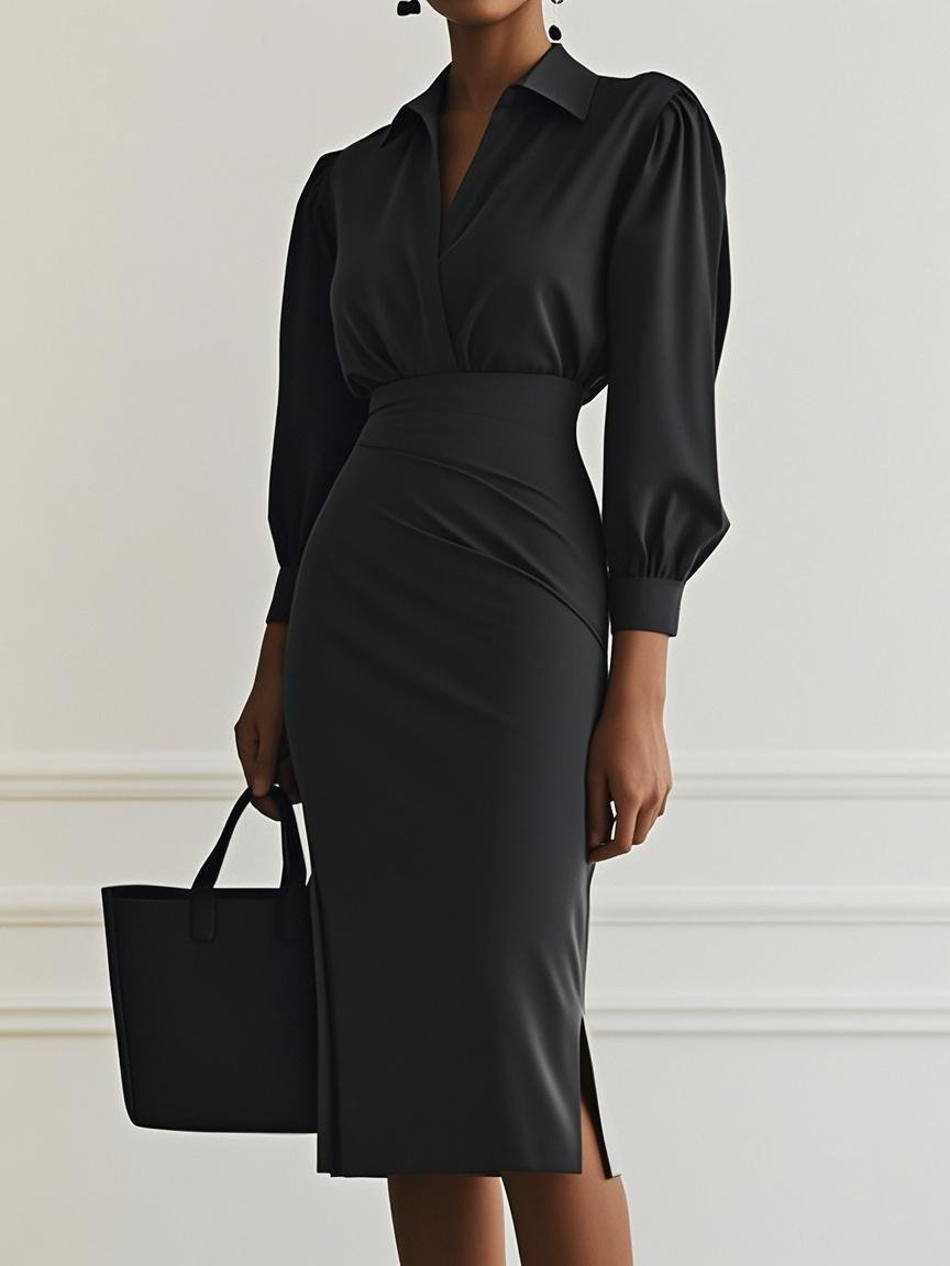Black elegant maxi dress with puff sleeves and fitted waist, paired with a black tote in a studio setting.