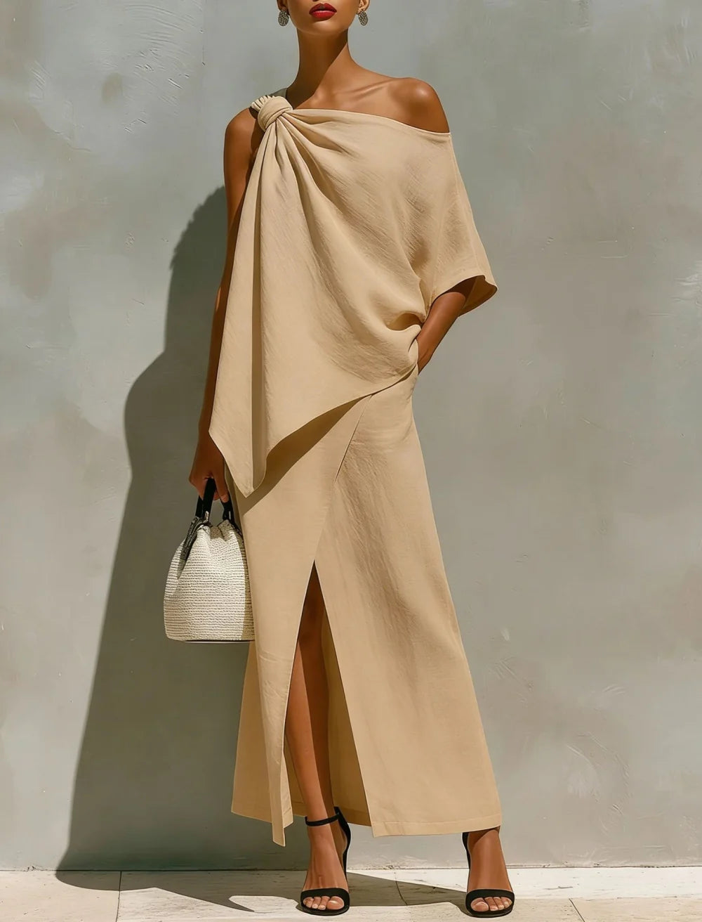 Stylish beige two-piece set featuring an off-shoulder top and long skirt with a slit, modeled in a sunlit studio, accessorized with black heels and a woven bag.