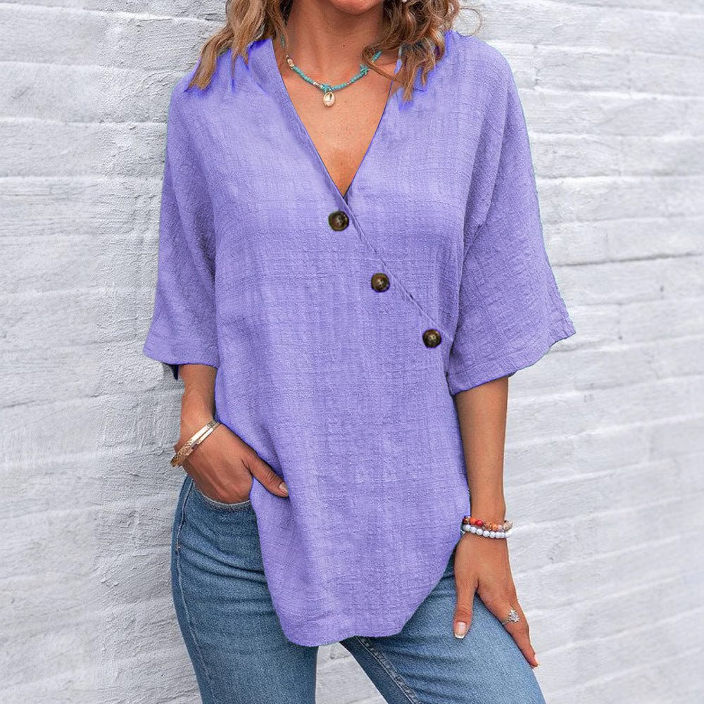 Kiray – V-Neck Blouse with Asymmetric Button Detail