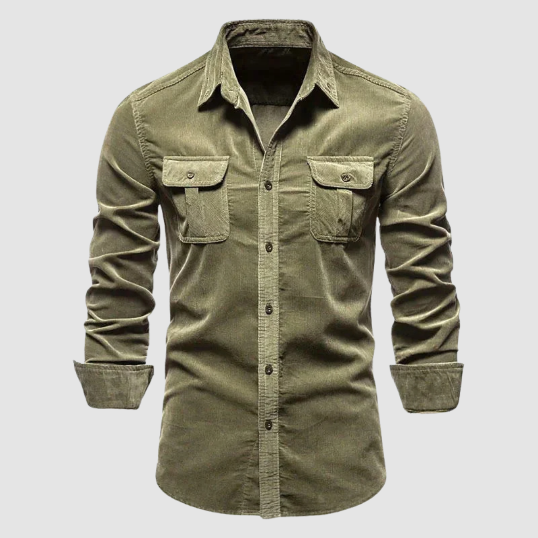 Olive green corduroy shirt with buttoned flap pockets and long sleeves displayed against a light gray background.