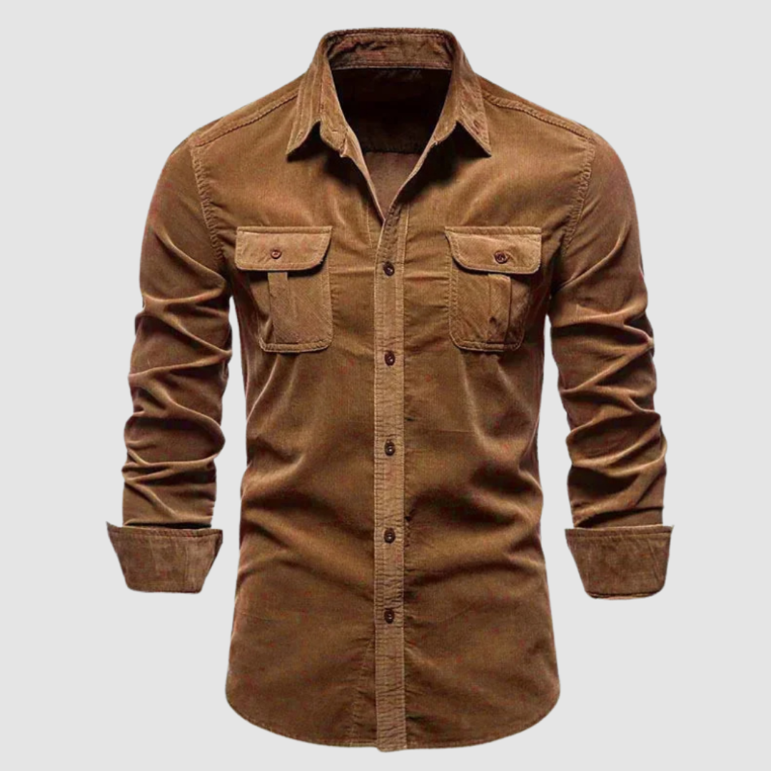 Brown corduroy shirt with buttoned flap pockets, long sleeves, and a collared neckline, on a light gray background.