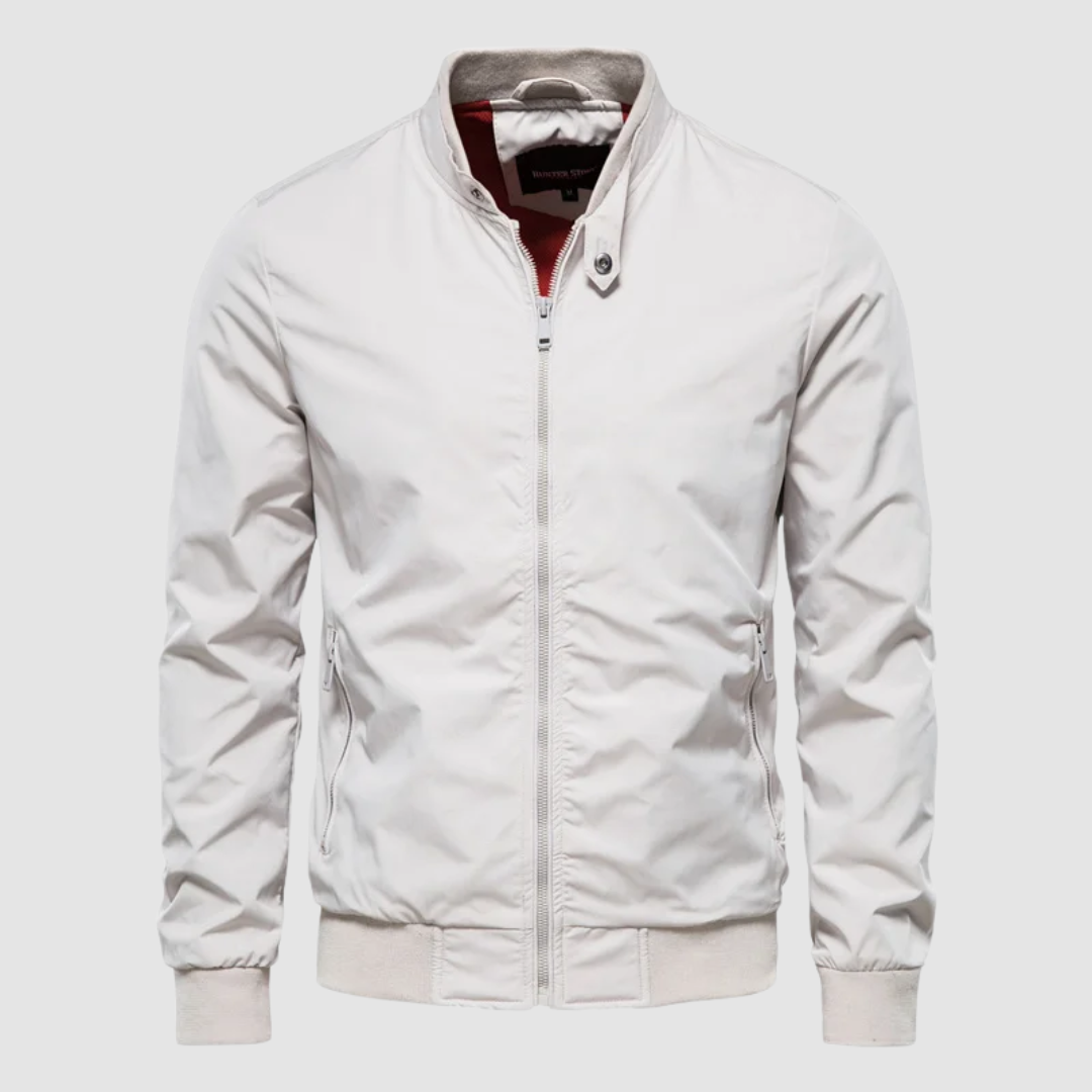 Front view of a light grey lightweight bomber jacket on a grey background, showcasing its sleek design.