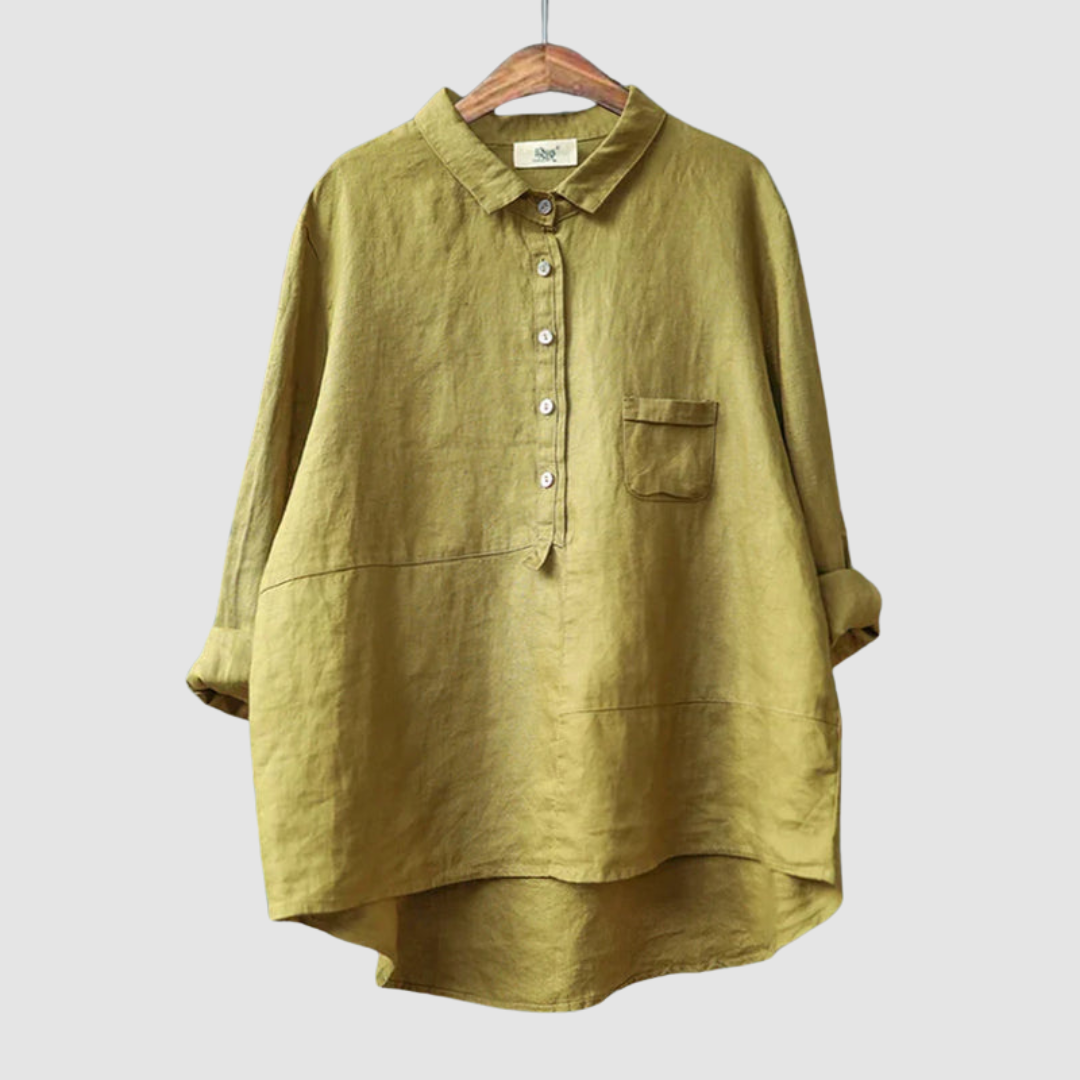 Light olive blouse on hanger with rolled sleeves, button-down front, and chest pocket against a light gray background.