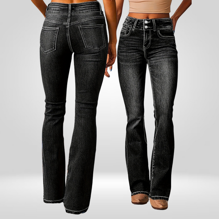 Side-by-side front and rear view of high-flared black jeans worn by a model in a studio.