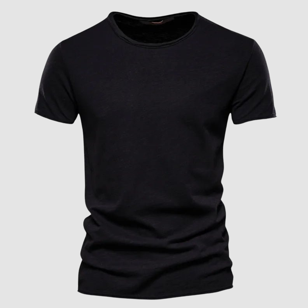 Black short-sleeve t-shirt with a round neck on a plain background.