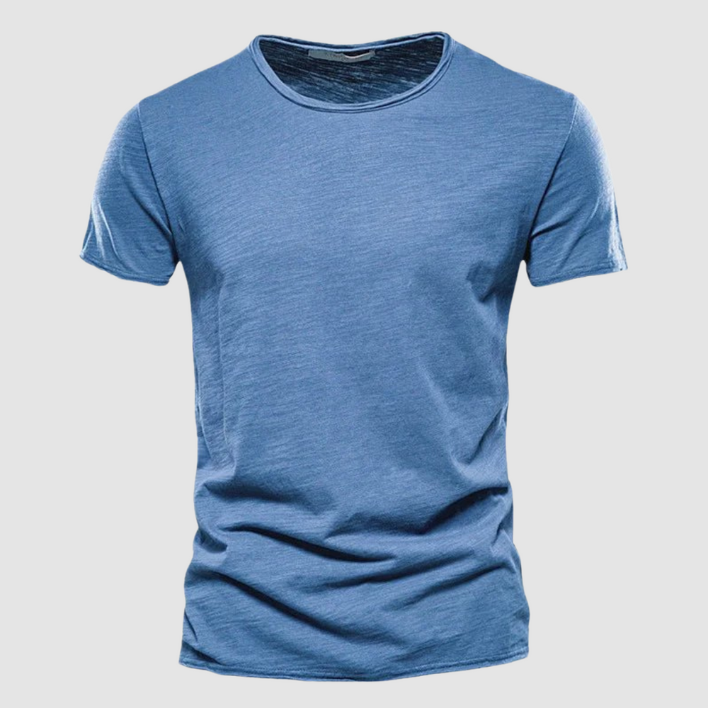 Blue short-sleeve t-shirt with a round neck displayed on a plain background.