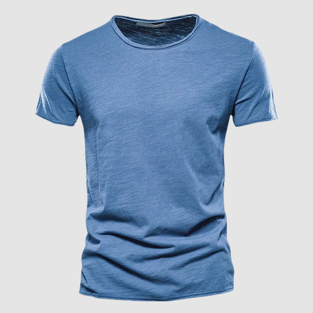Blue short-sleeve t-shirt with a round neck displayed on a plain background.
