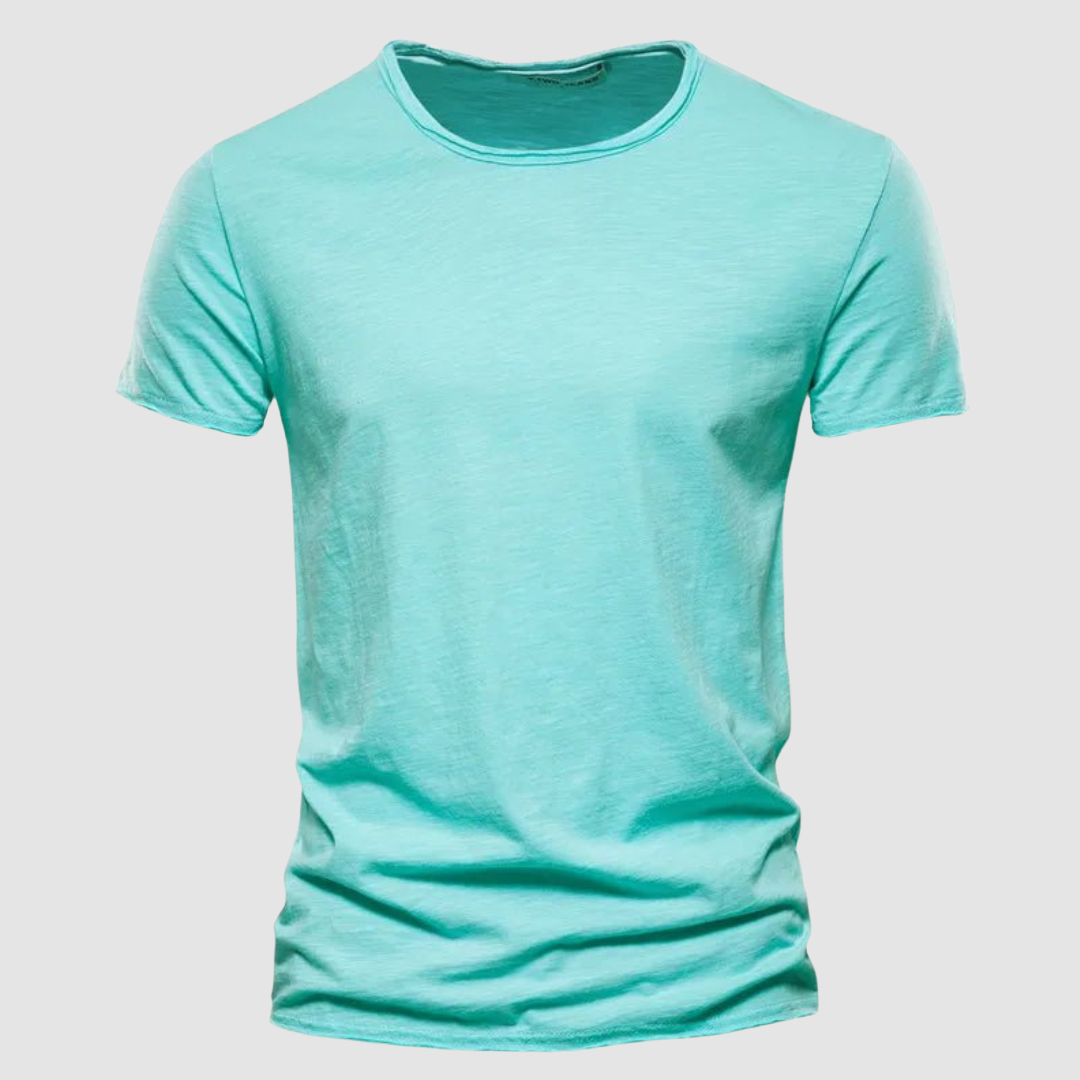 Teal short-sleeve t-shirt with a round neck on a plain background.