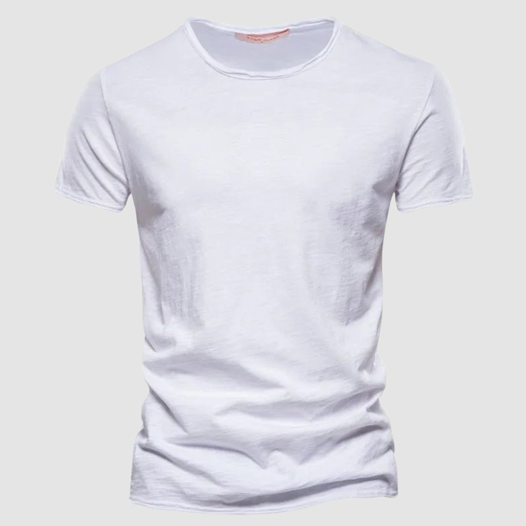 White short-sleeve t-shirt with a round neck on a plain background.
