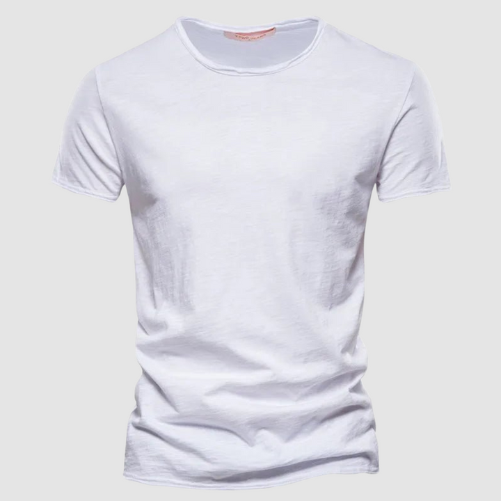 White short-sleeve t-shirt with a round neck on a plain background.