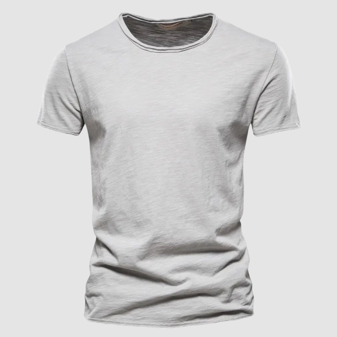 Light gray short-sleeve t-shirt with a round neck on a plain background.