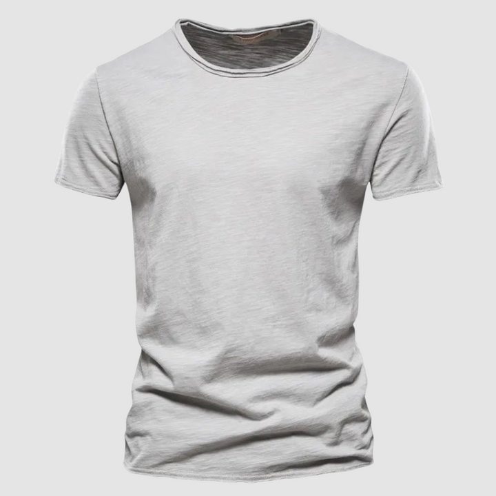 Light gray short-sleeve t-shirt with a round neck on a plain background.