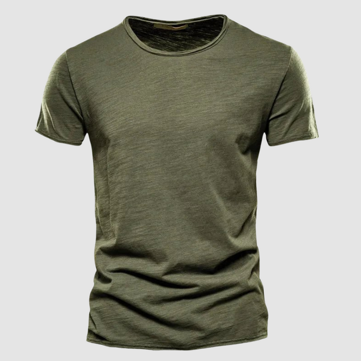 Olive green short-sleeve t-shirt with a round neck on a plain background.
