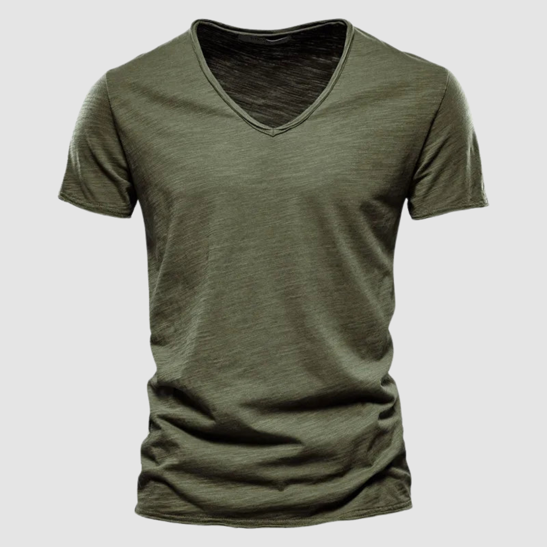 Olive green V-neck summer tee with short sleeves in a studio setting.