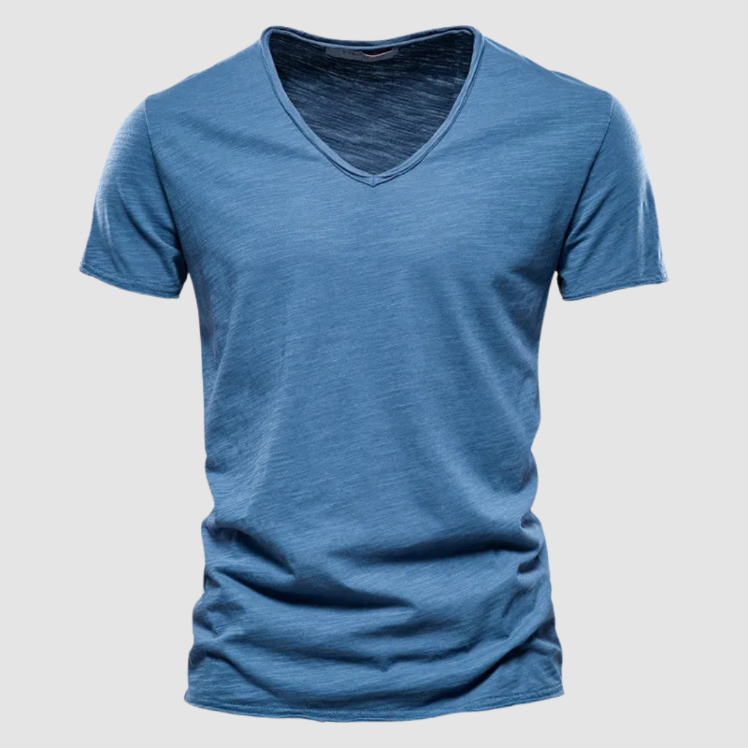 Denim blue V-neck summer tee with short sleeves in a studio setting.