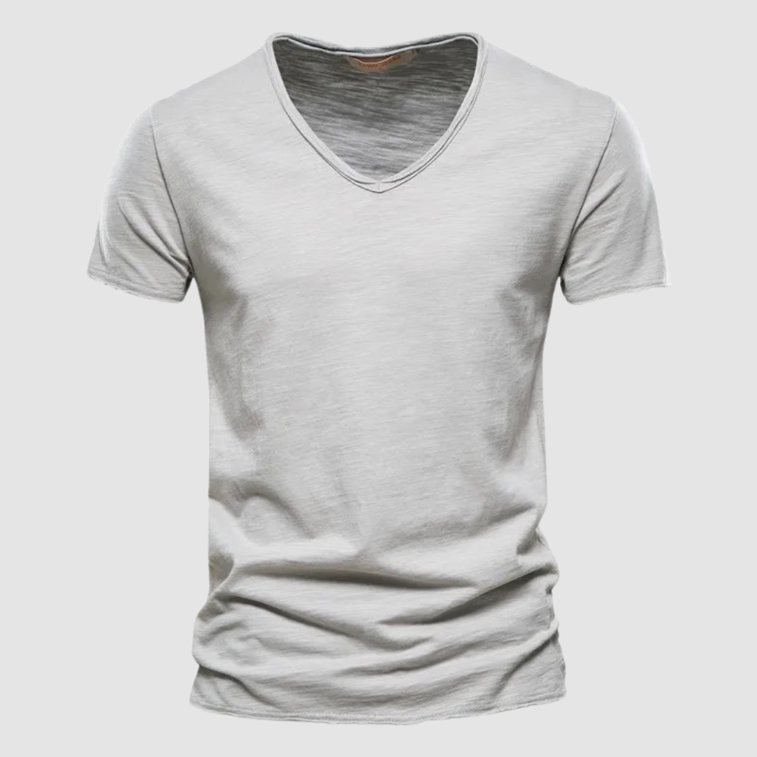 Light gray V-neck summer tee with short sleeves in a studio setting.