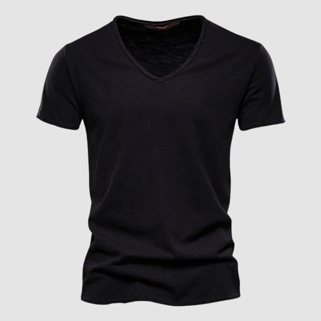 Deep black V-neck summer tee with short sleeves in a studio setting.