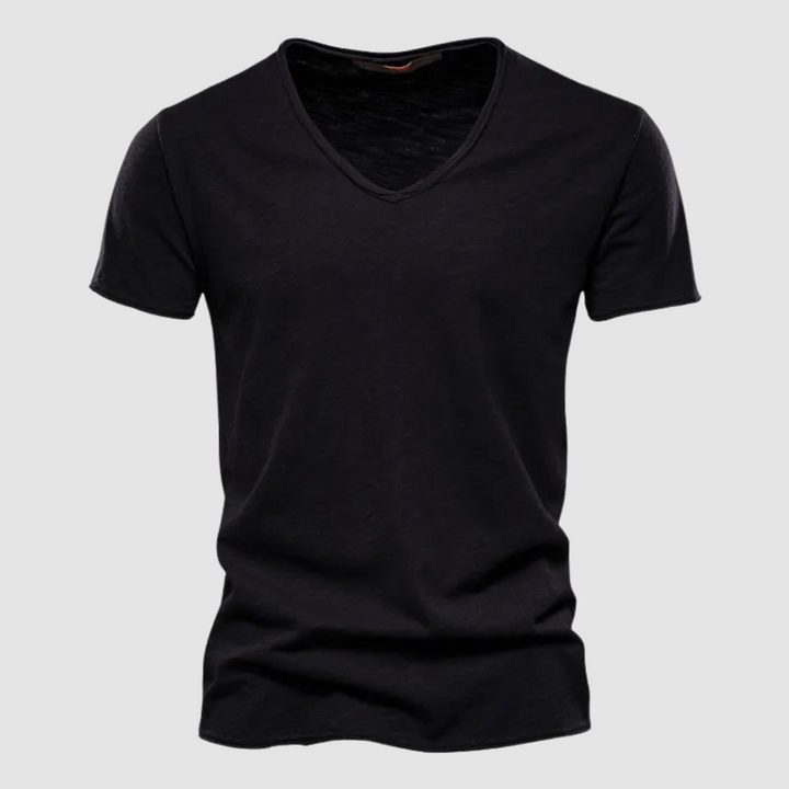 Deep black V-neck summer tee with short sleeves in a studio setting.