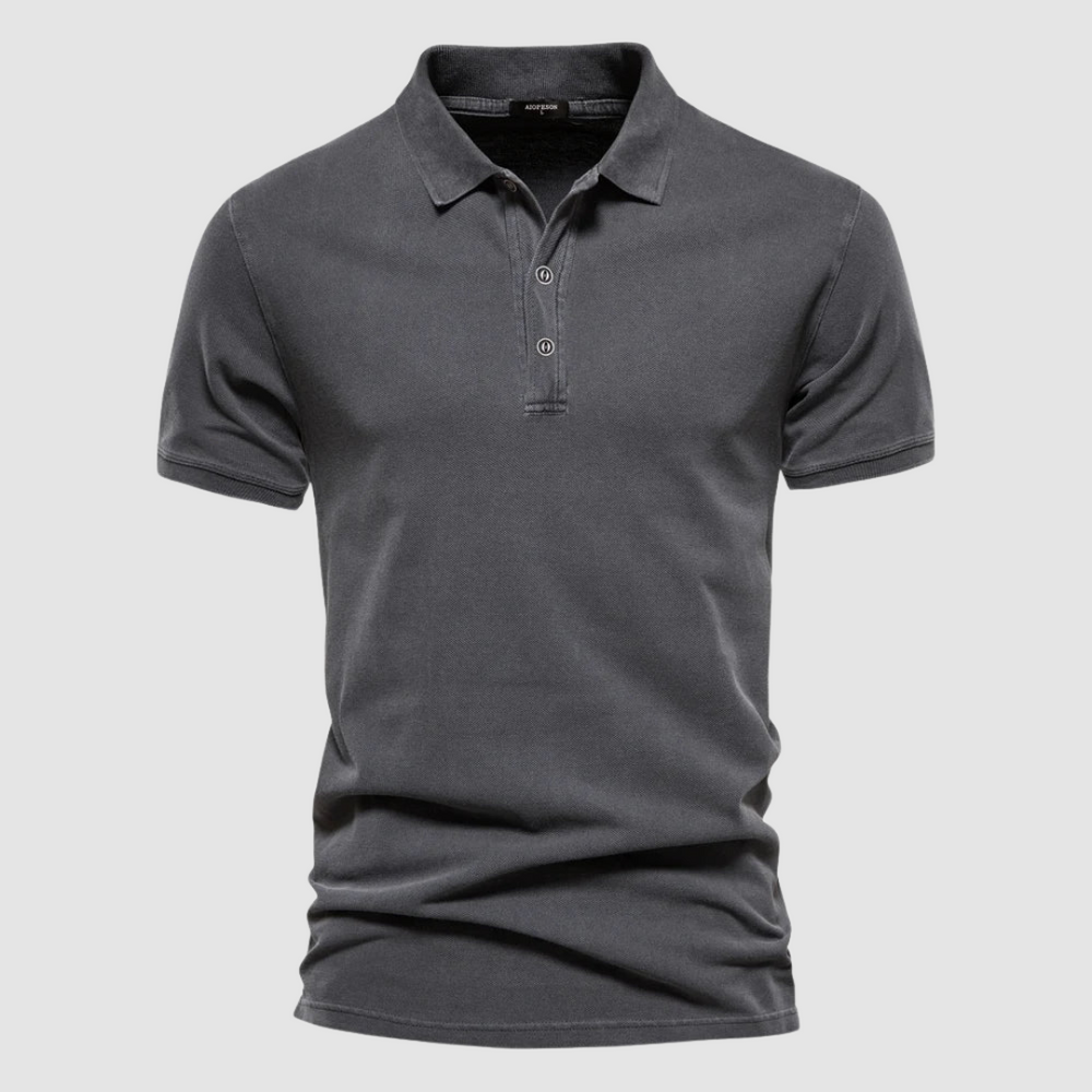 Dark gray modern fit polo shirt displayed on a plain light gray background.