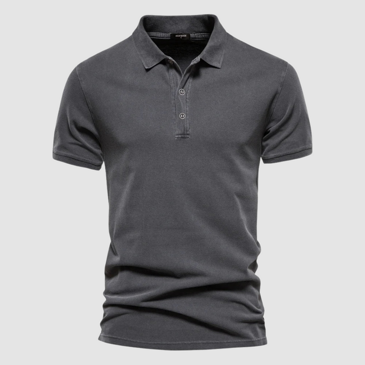 Dark gray modern fit polo shirt displayed on a plain light gray background.
