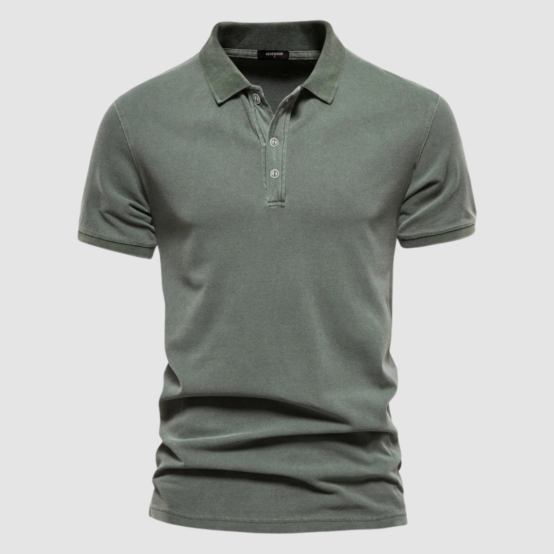 Olive green modern fit polo shirt displayed on a plain light gray background.