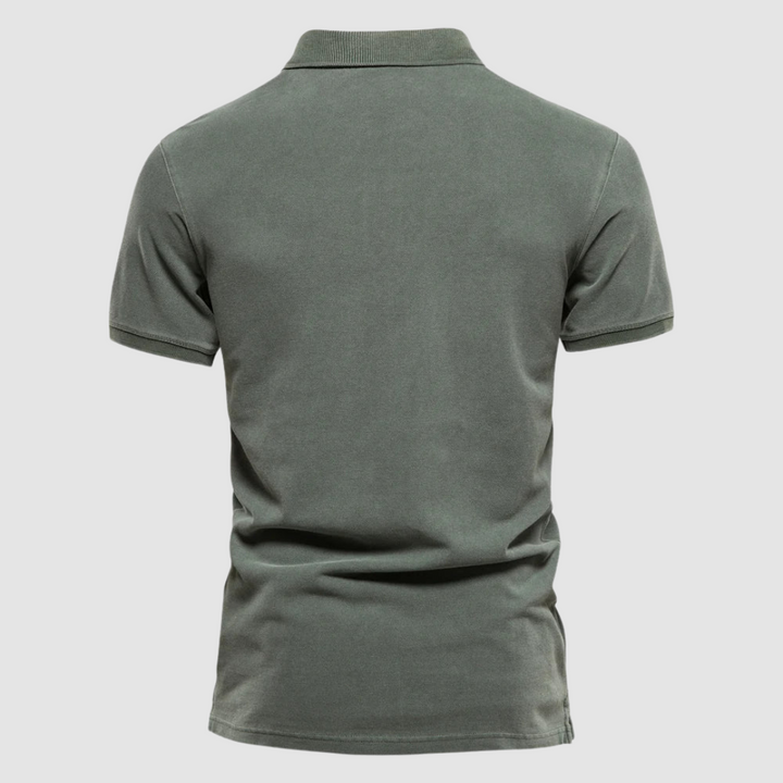 Back view of olive green modern fit polo shirt on a plain light gray background.
