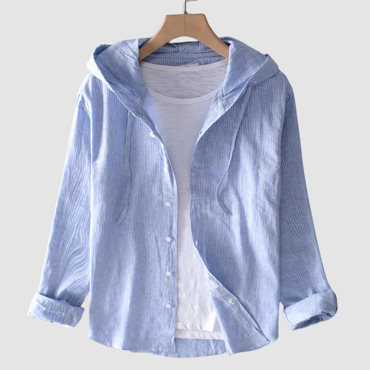 Light blue and white striped hooded blouse over a white shirt, displayed on a hanger against a plain background.