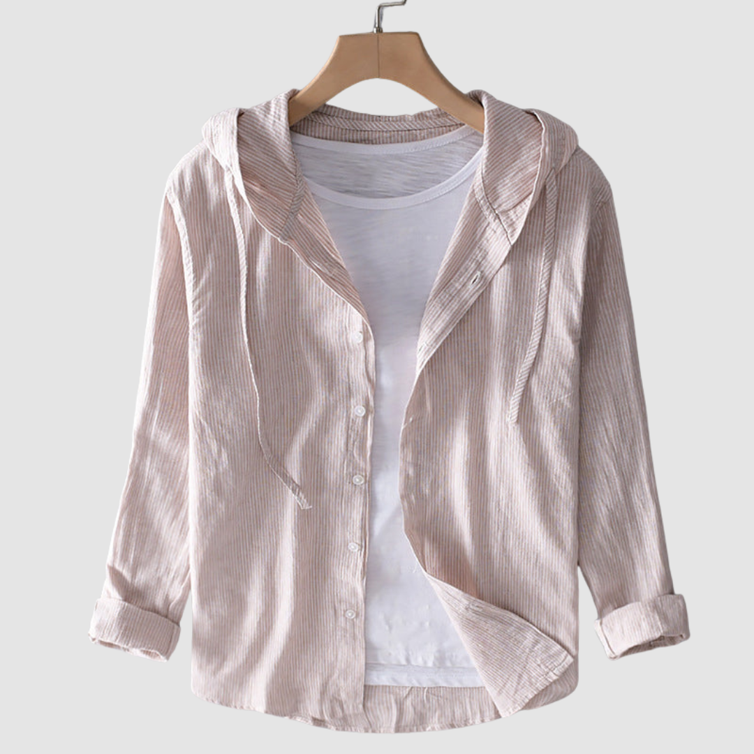Beige and white striped hooded blouse over a white shirt, displayed on a hanger against a plain background.
