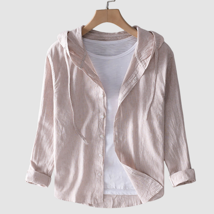 Beige and white striped hooded blouse over a white shirt, displayed on a hanger against a plain background.
