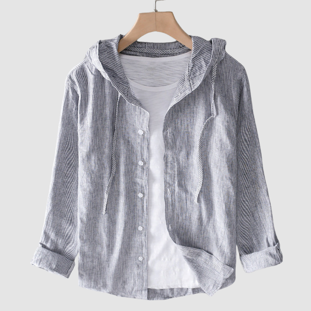Gray and white striped hooded blouse over a white shirt, displayed on a hanger against a plain background.