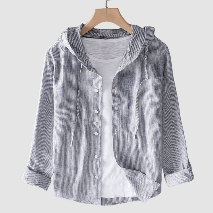 Gray and white striped hooded blouse over a white shirt, displayed on a hanger against a plain background.