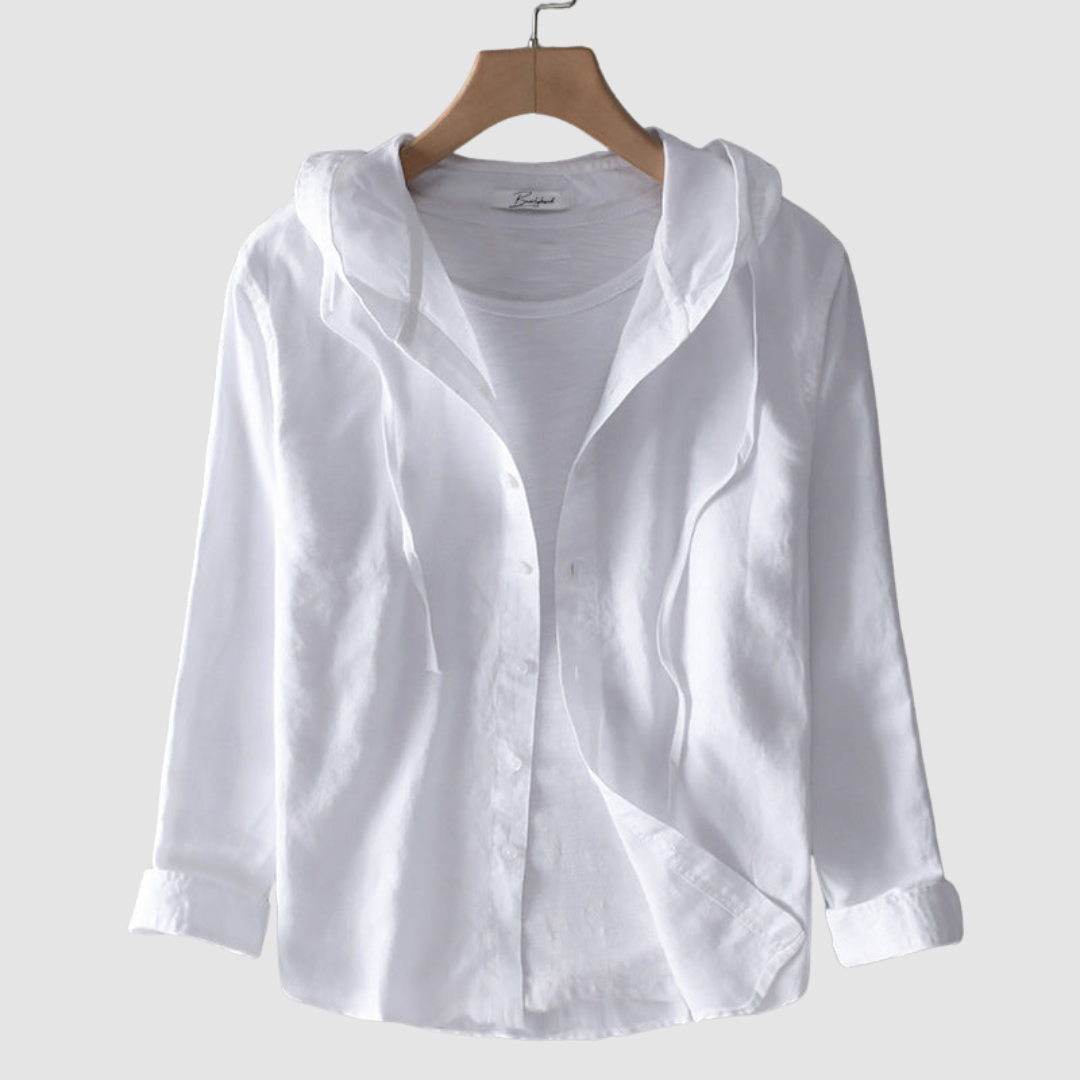 Solid white hooded blouse over a white shirt, displayed on a hanger against a plain background.