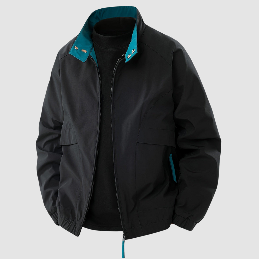 Black casual spring jacket with teal collar detail, front view, on a plain gray background.