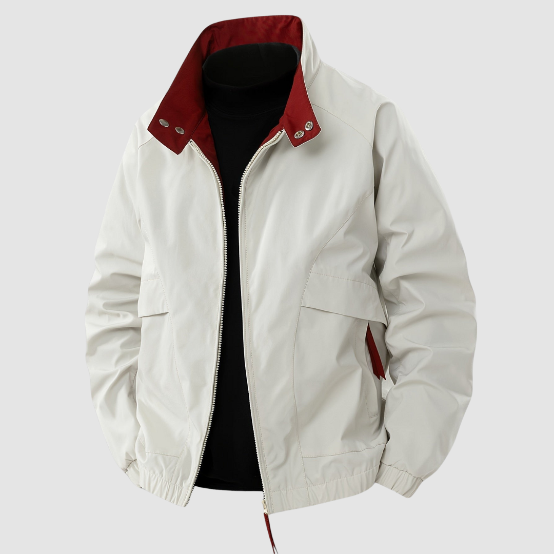 White casual spring jacket with red collar detail, front view, on a plain gray background.