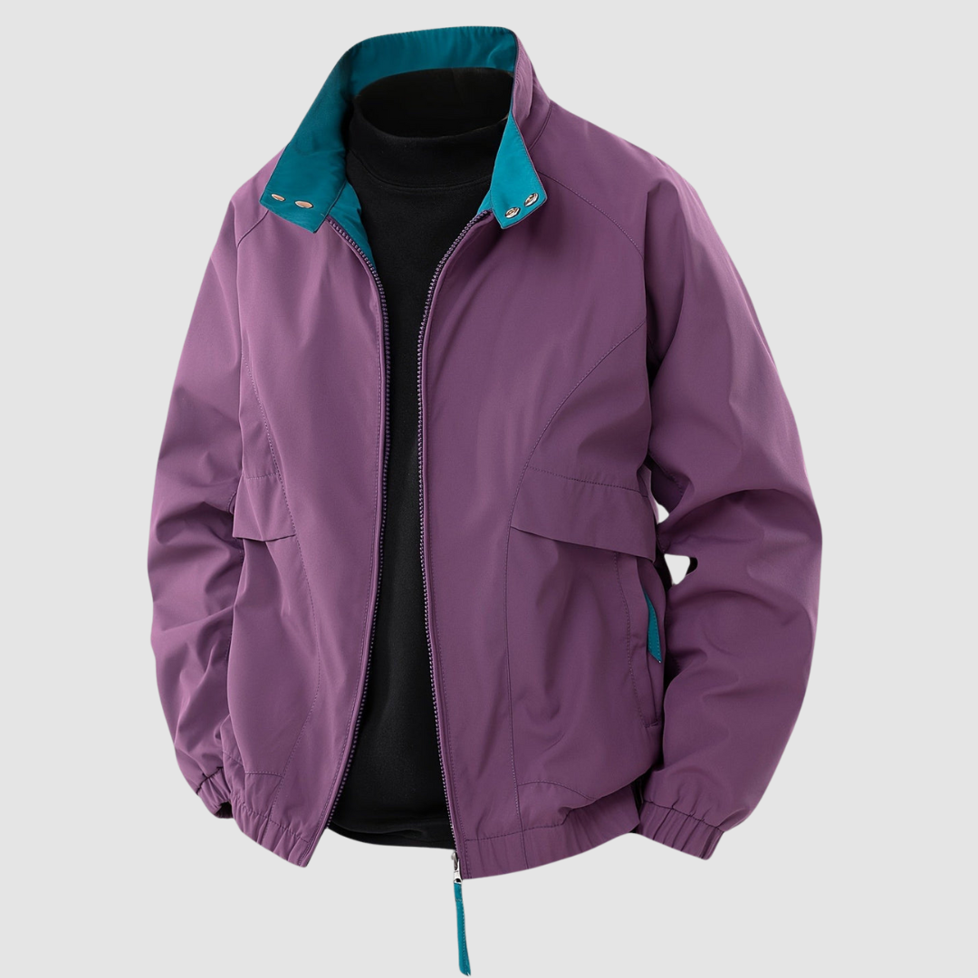 Purple casual spring jacket with teal collar detail, front view, on a plain gray background.