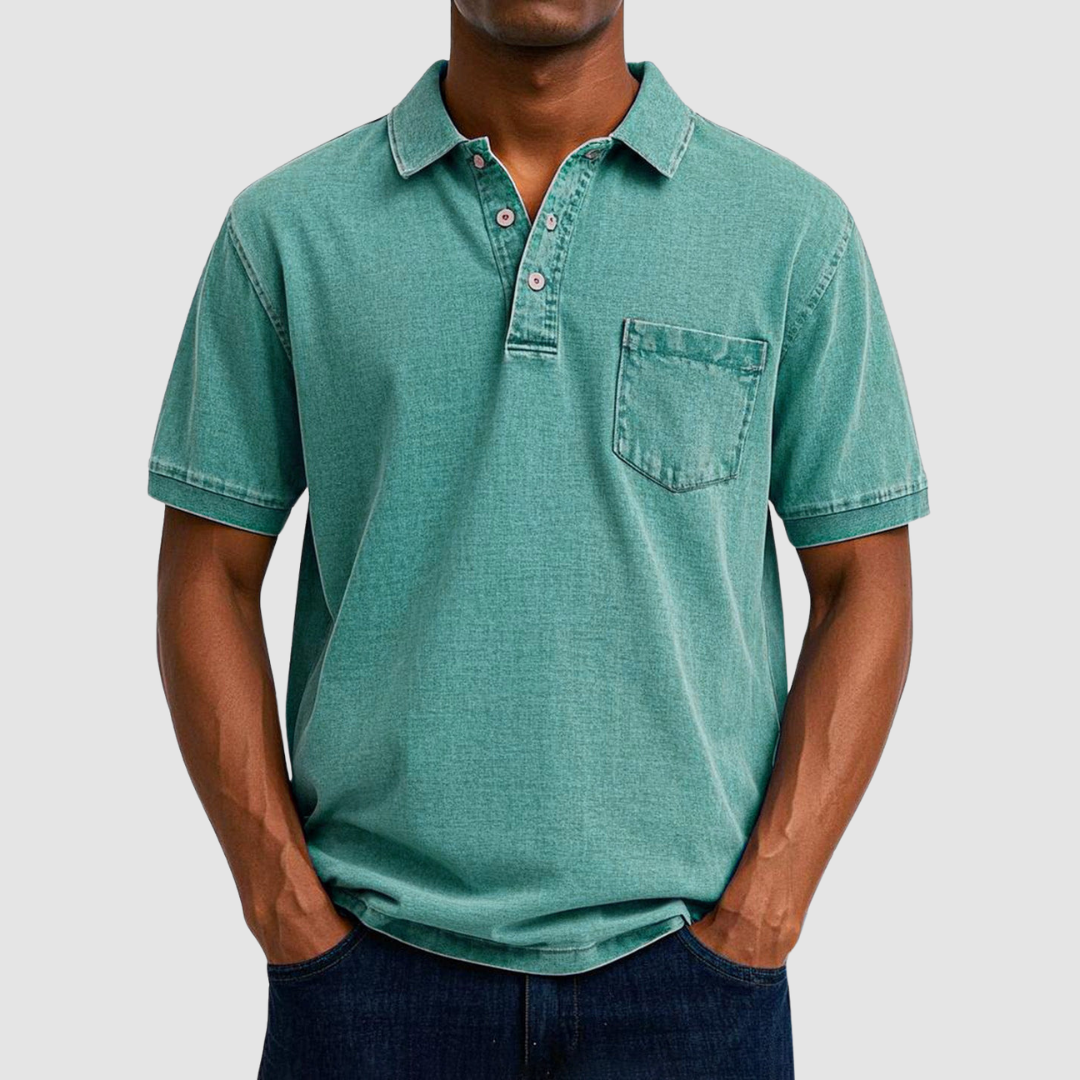 Green casual polo shirt with short sleeves and buttoned collar, modeled in a studio environment.