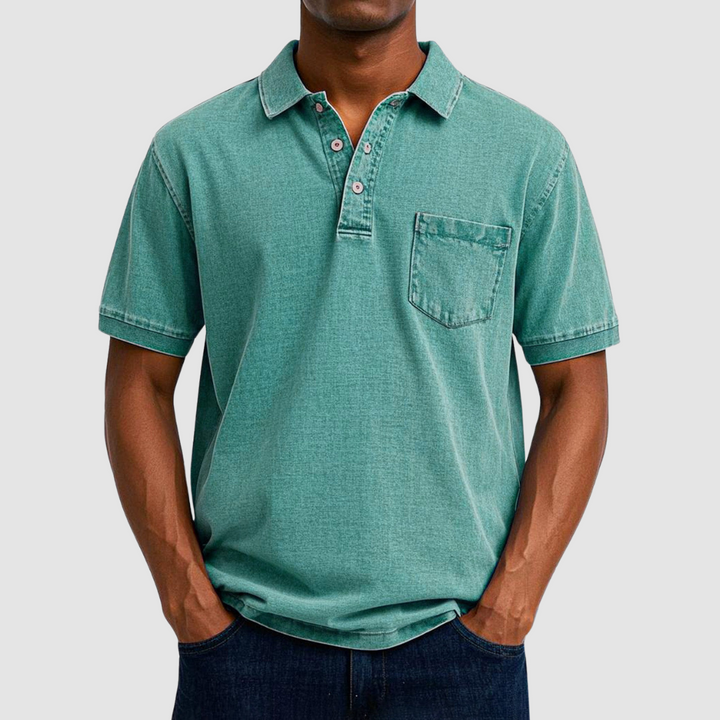 Green casual polo shirt with short sleeves and buttoned collar, modeled in a studio environment.