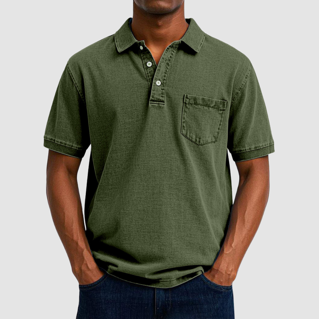 Olive green casual polo shirt with short sleeves and buttoned collar, shown on a model in a studio.