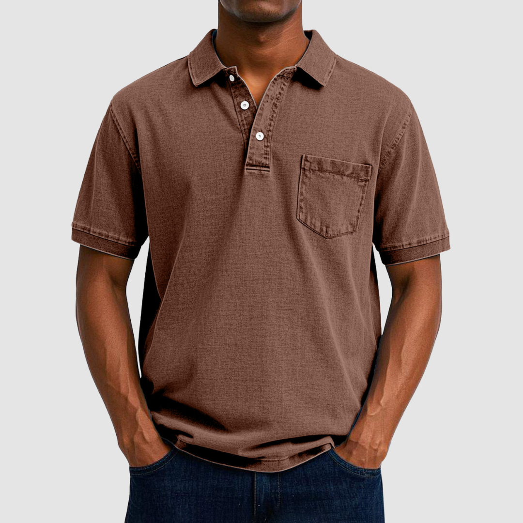 Brown casual polo shirt with short sleeves and buttoned collar, displayed on a model in a studio.