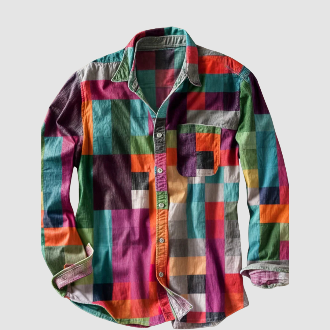 Multicolored checkered long-sleeve shirt with button closure and pocket, displayed flat on a gray background.