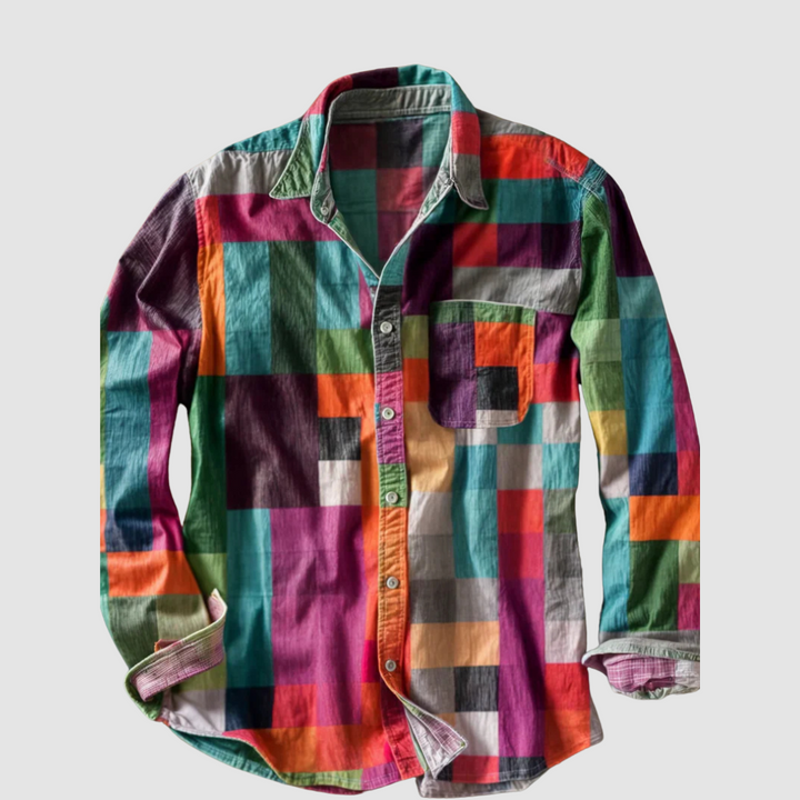 Multicolored checkered long-sleeve shirt with button closure and pocket, displayed flat on a gray background.
