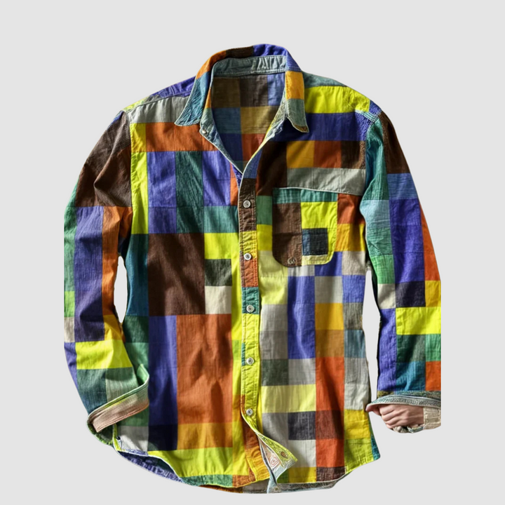 Brightly colored checkered shirt, long-sleeved and buttoned, shown flat on a light gray background.