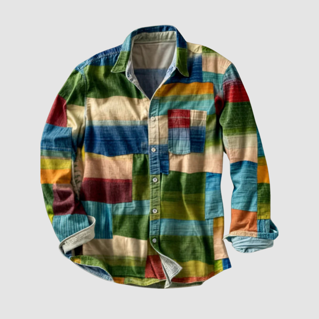 Vibrant checkered shirt with long sleeves and a pocket, buttoned up, laid flat on a gray surface.