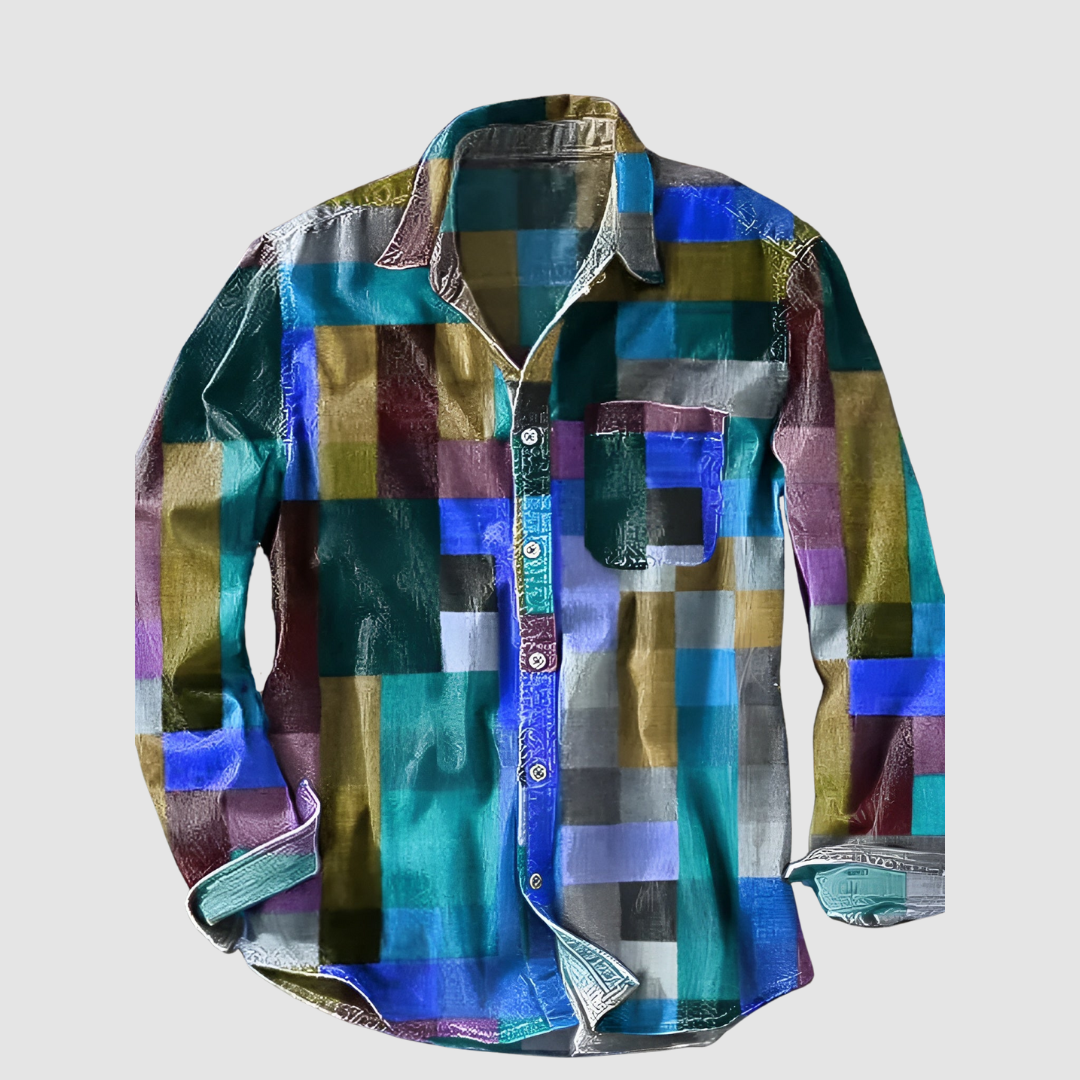 Shiny, colorful checkered shirt with long sleeves, flat on a pale gray background, featuring a button-up and pocket.