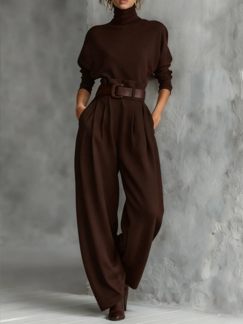 Model in a brown elegant top and straight-leg pants set with a belted waist, standing in a textured gray studio.
