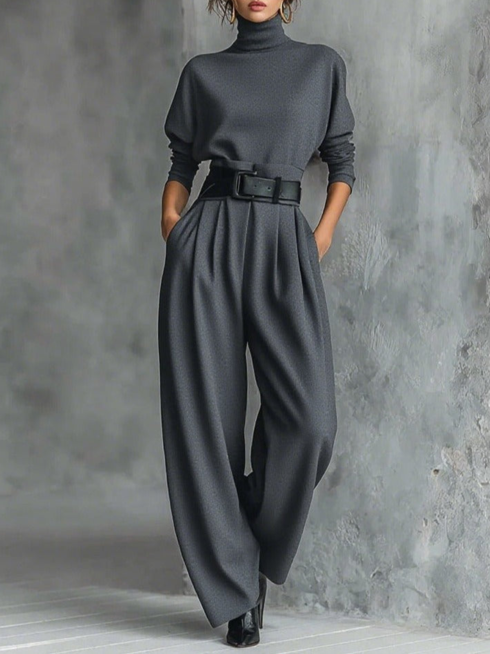Model in a gray elegant top and straight-leg pants set with a belted waist, standing in a textured studio.