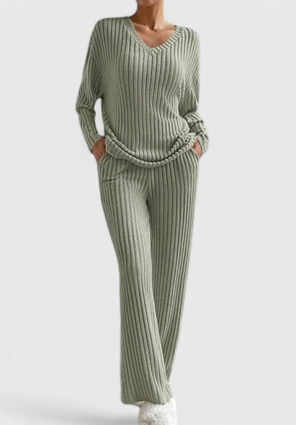 Olive green ribbed V-neck long-sleeve top and matching wide-leg pants in studio setting.