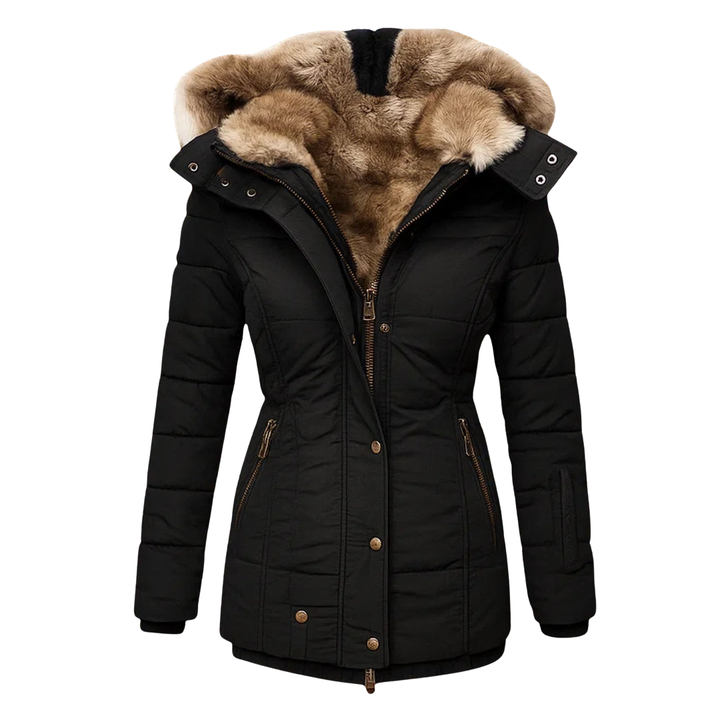 Black winter coat with fur-lined hood, front view, white background.